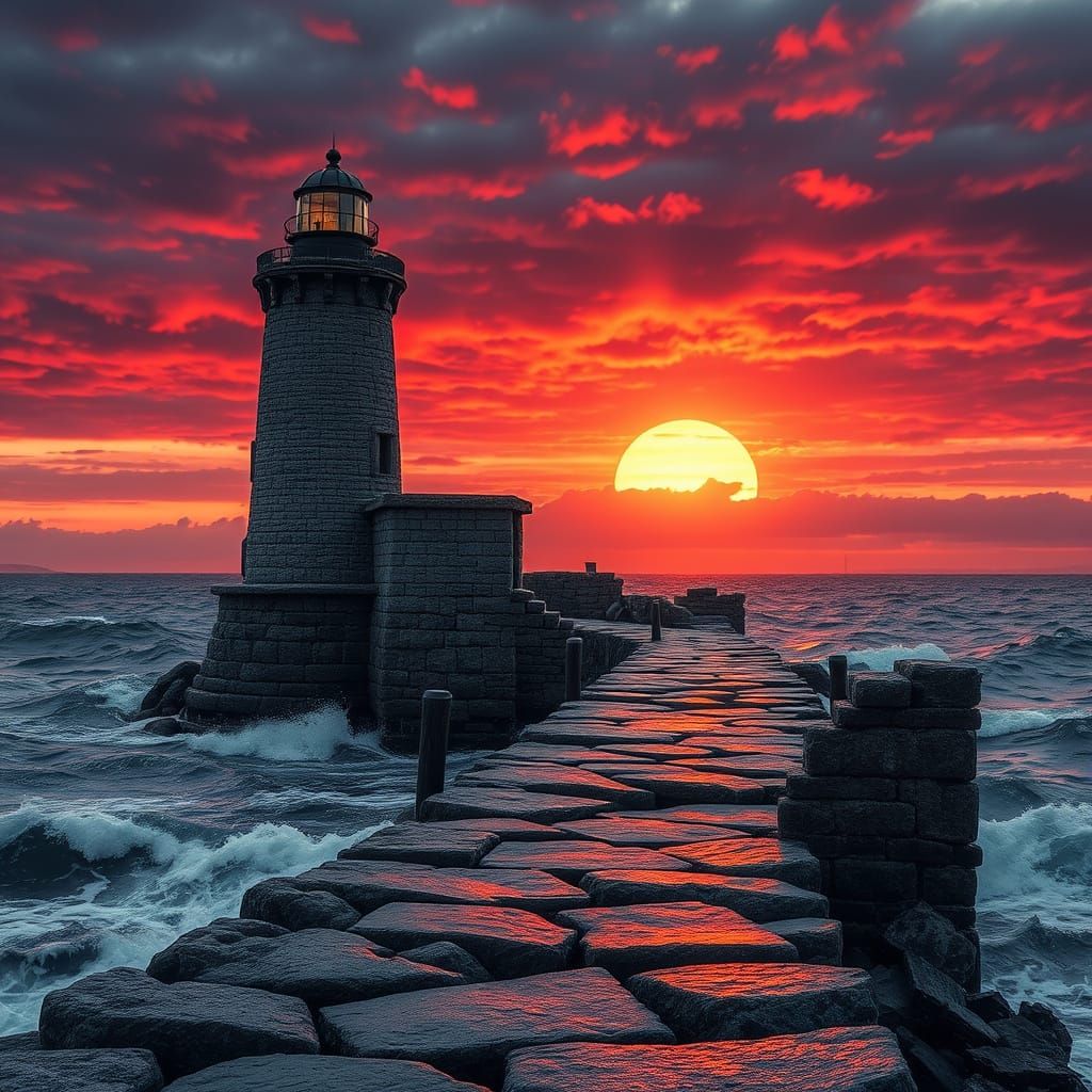 Weathered Lighthouse Against Stormy Sunset