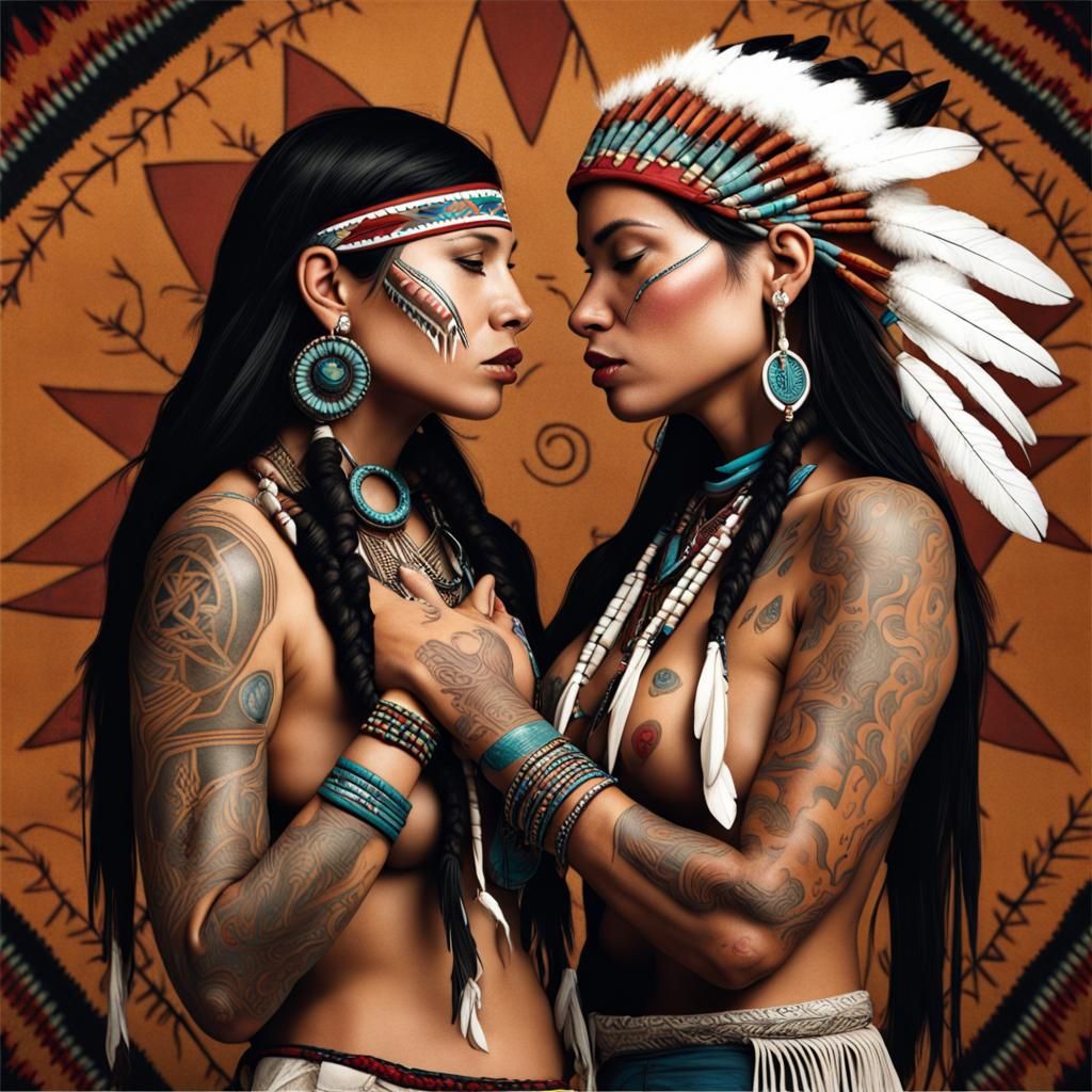 Native American Women Kissing Tattoo Art