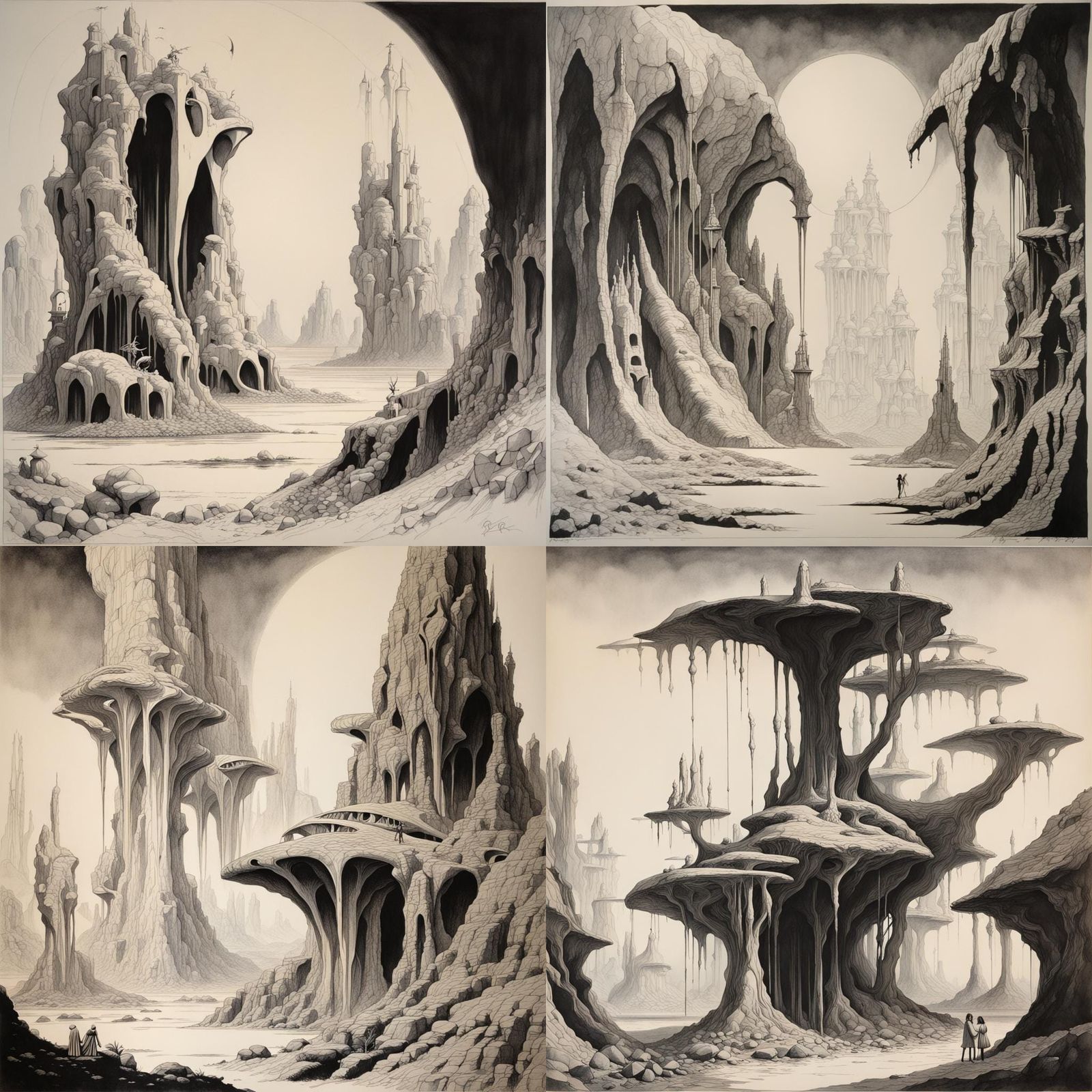 Lovers Embrace in Roger Dean Ink Drawing