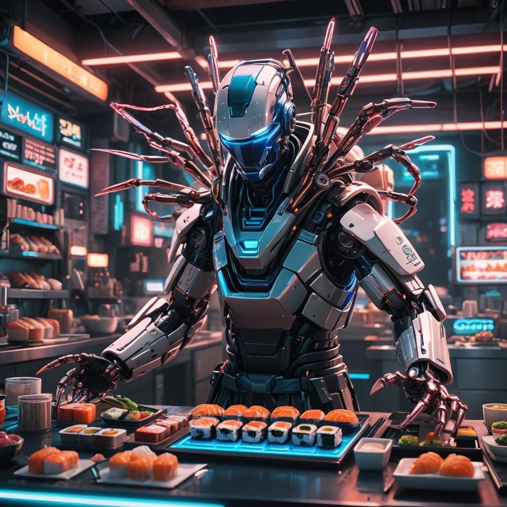 Cyberpunk Robo Chef with Knives in Futuristic Kitchen