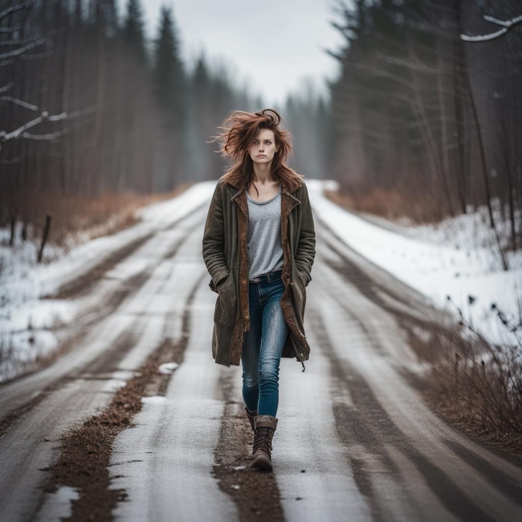 Post-Apocalyptic Woman in Snowy Landscape