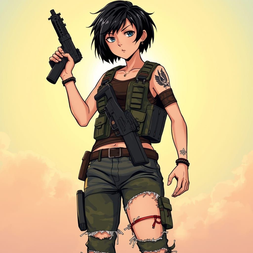 Rebellious Emo Girl in Tactical Gear, Wings Tattoo, and AK 4...
