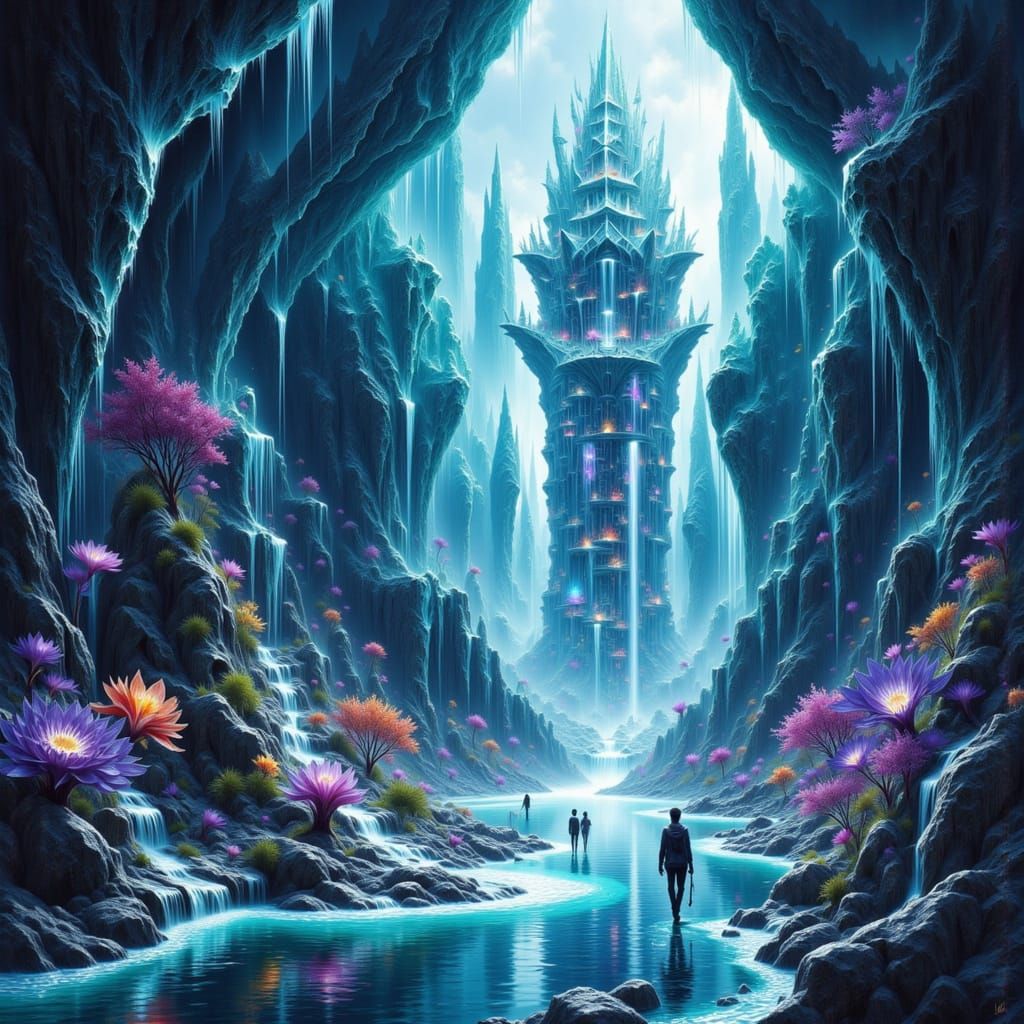 Crystalline City Inside Geode with Light Waterfalls