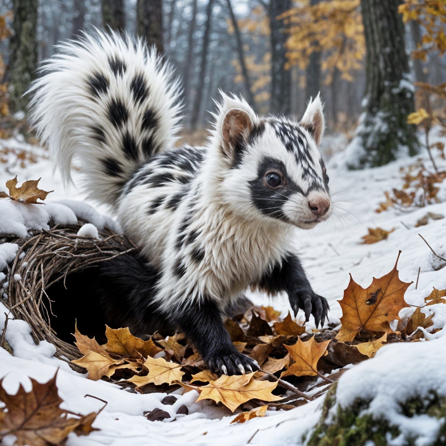 Fantasy Hybrid Creature Hoarding Leaves in Snowy Autumn Fore...