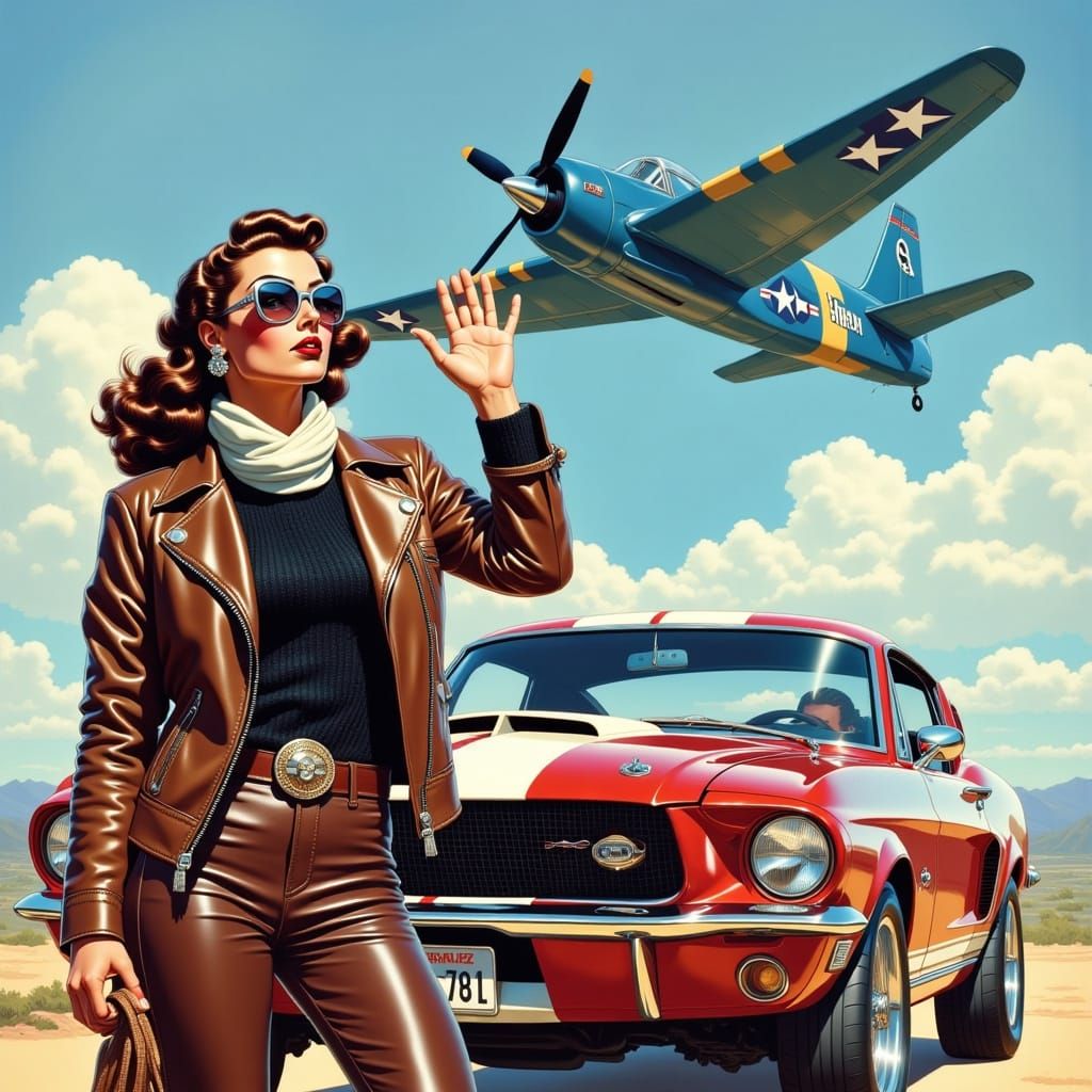 Brunette Pilot with Mustang and Corsair in Comic Art Style