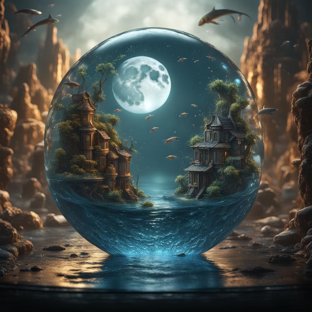 Glass Moon Filled with Water and Fish
