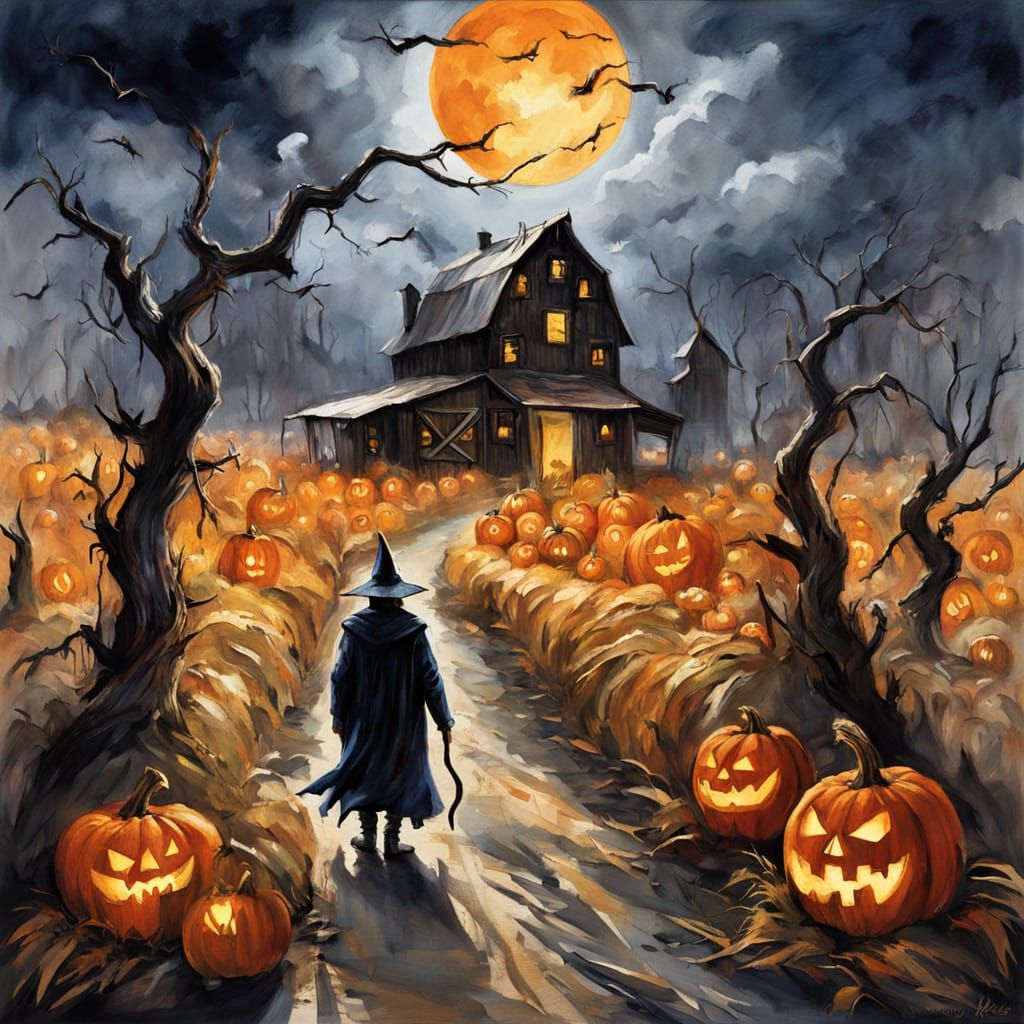 Haunting Night Harvest Festival Scene with Eerie Pumpkins