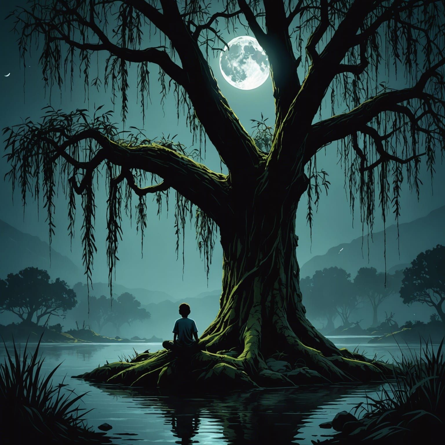 Moonlit Rainforest: Boy Under Willow Tree