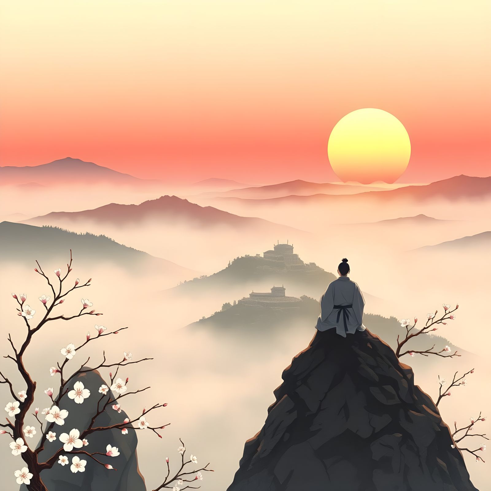 Samurai Monk Meditating Over Misty Valley in Ukiyo-e Style