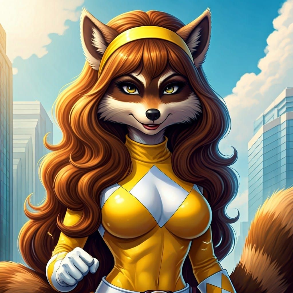 Anthropomorphic Raccoon as Cyberpunk Yellow Power Ranger