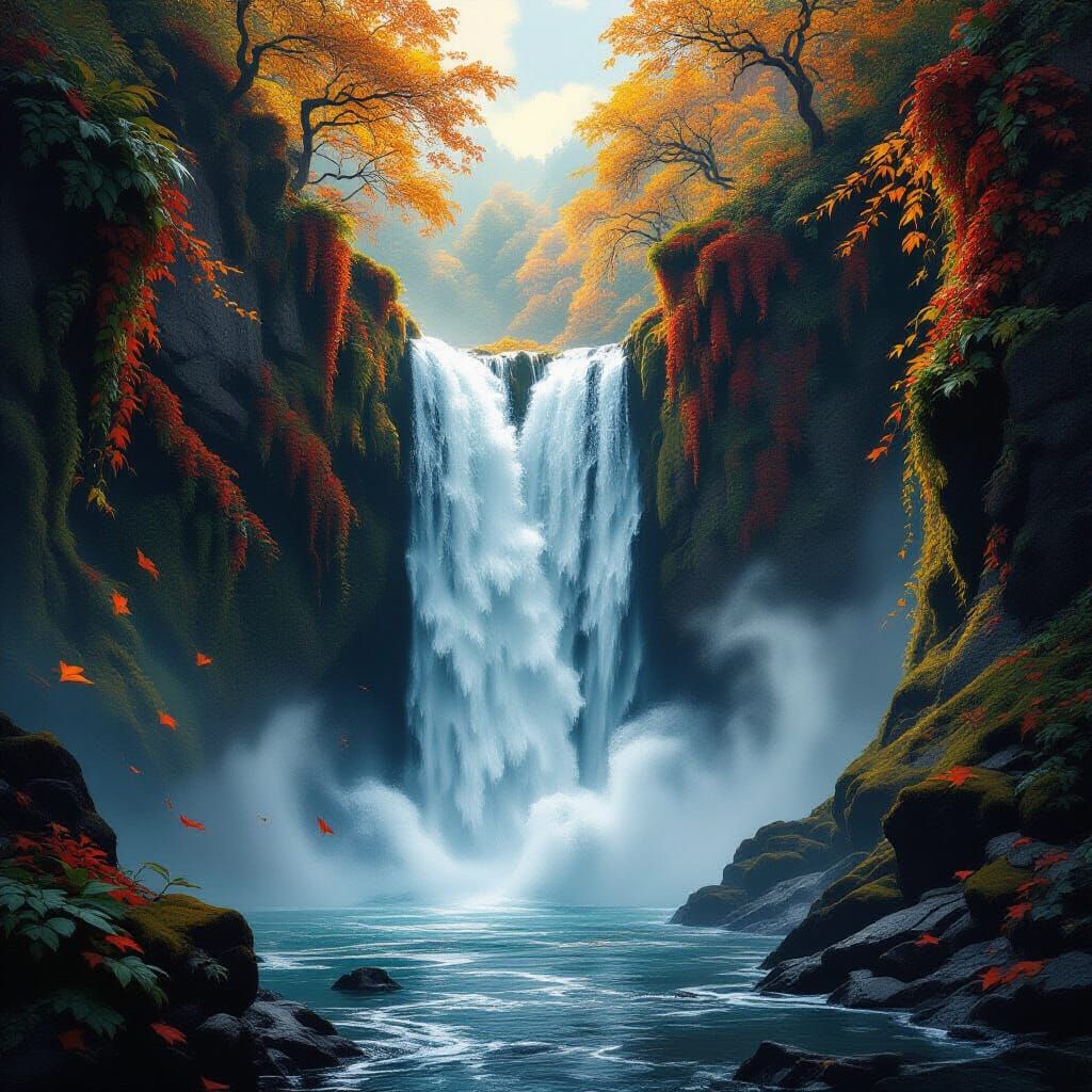 Epic Waterfall in Fiery Ivy Gorge, Dramatic Fantasy Art