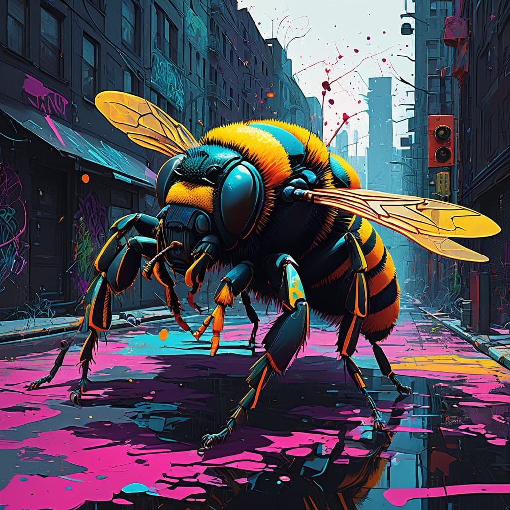 Vibrant Bee Hovers Amidst Urban Graffiti Blooms