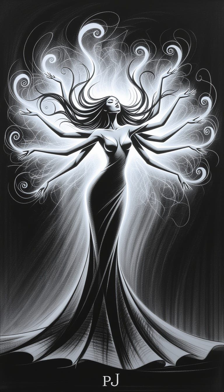 Multi-Armed Goddess in Dynamic Charcoal Style