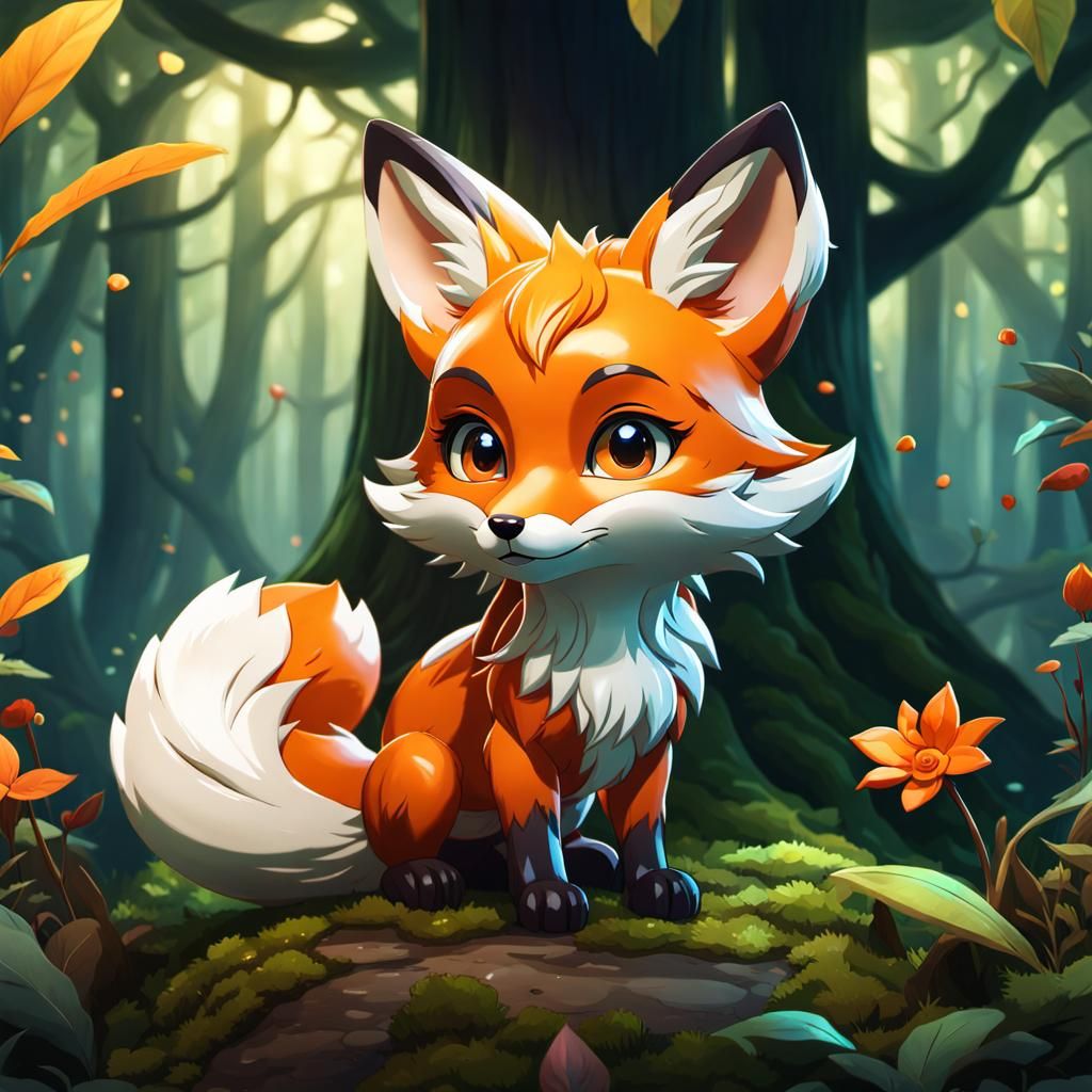 Chibi Fox in Forest: Art Nouveau Watercolor