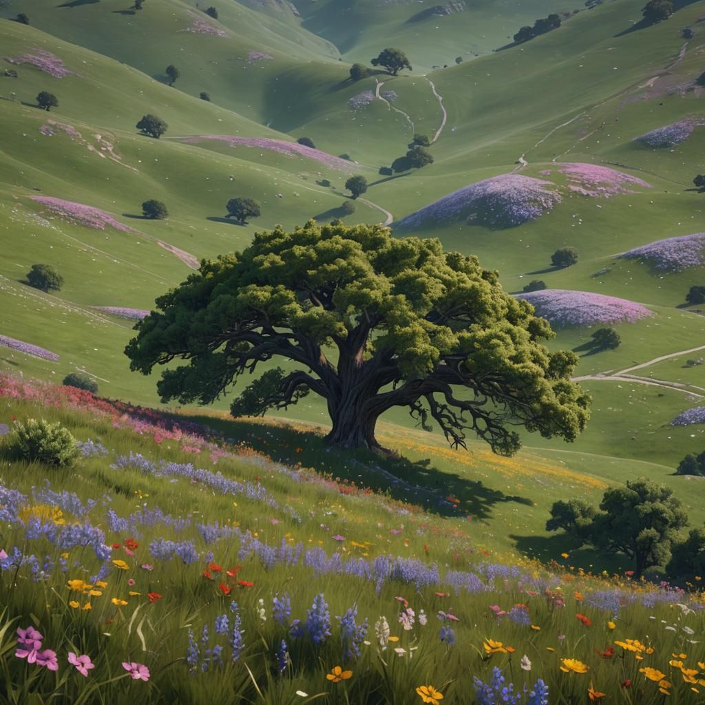 Wildflower Meadow and Oak Tree: Fantasy Concept Art