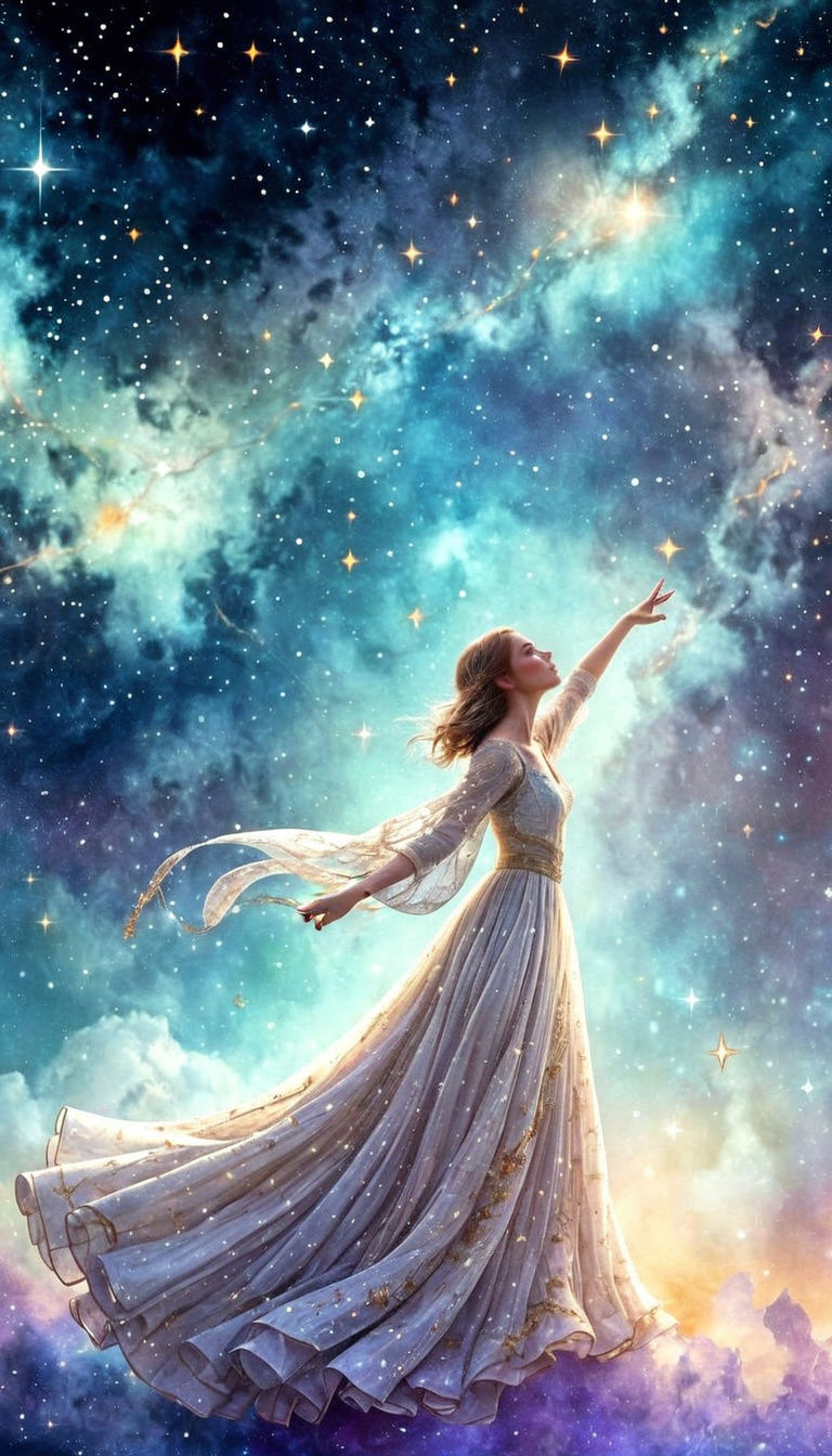 Girl Reaching for Stars in Watercolor Style