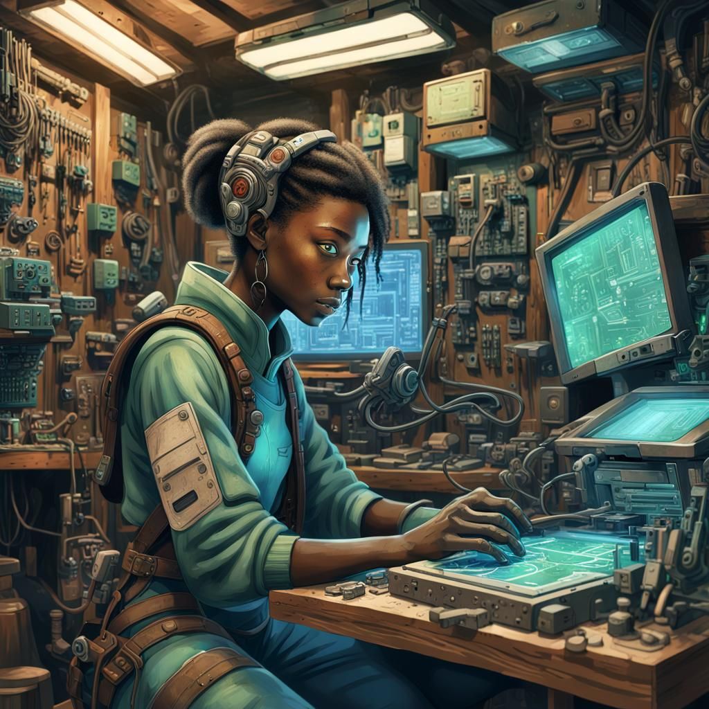 Tecnomancer Repairs Console: Digital Sci-Fi Painting