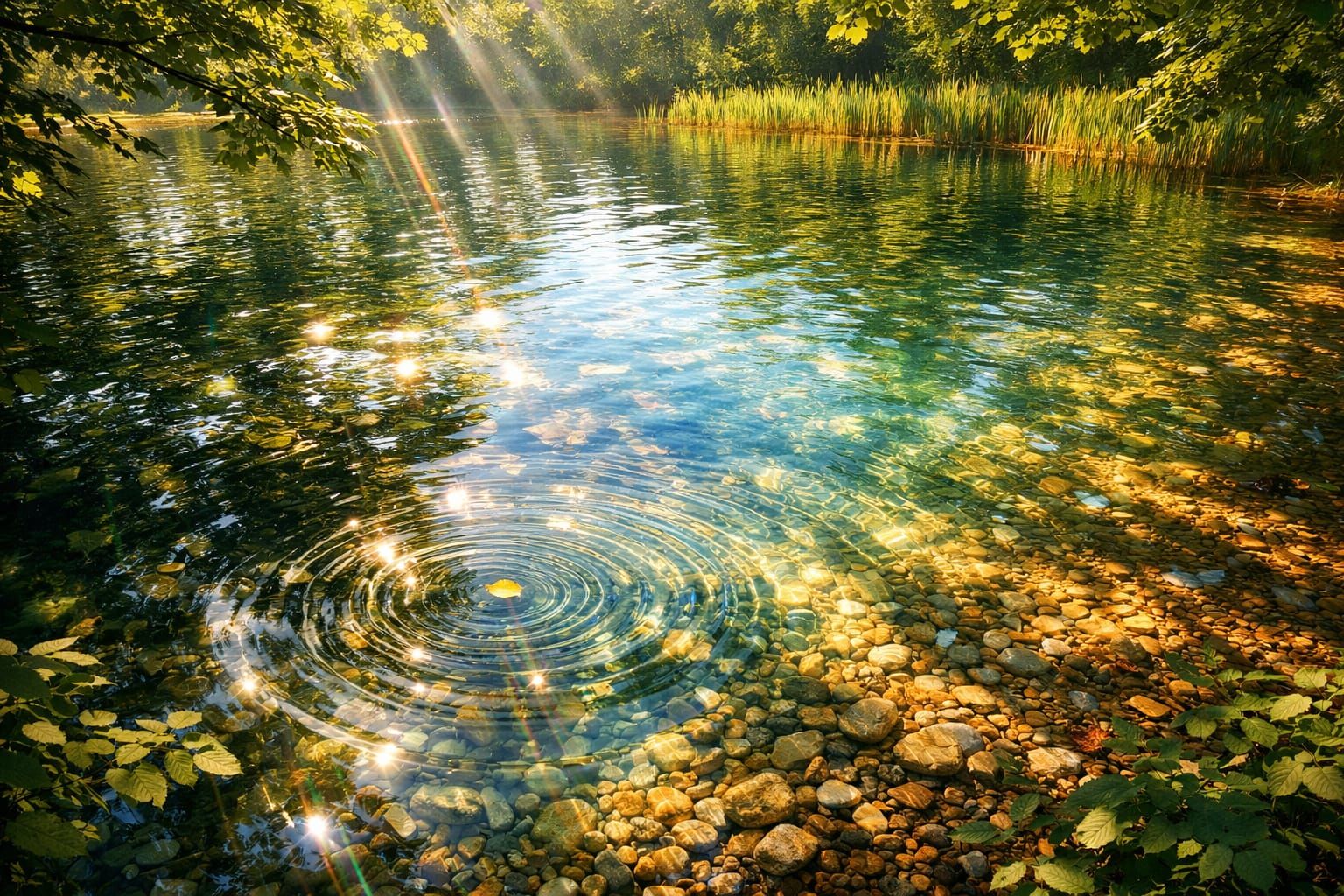 Dappled Sunlight on Tranquil Lake Reflections