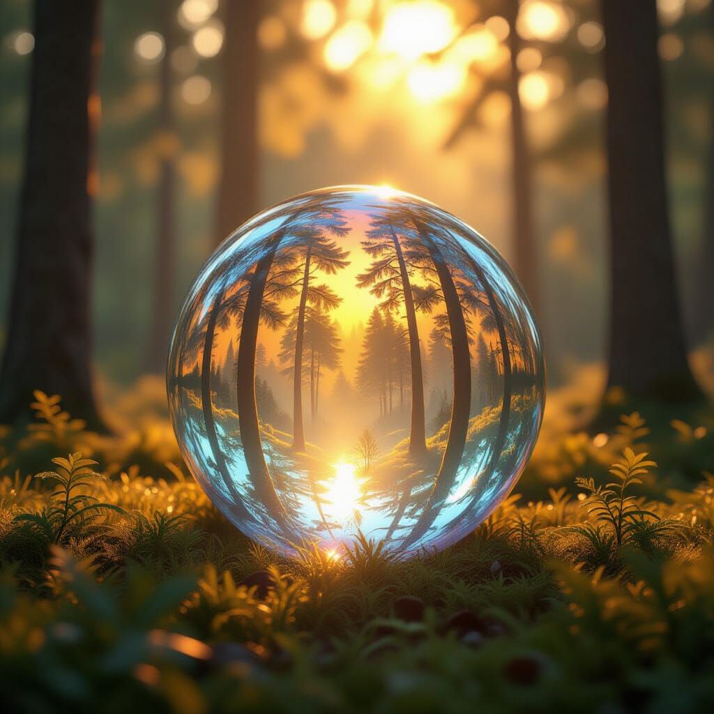 Iridescent Sphere Radiates Light in Dreamy Forest