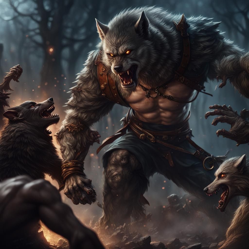 Man Battles Werewolves in Fantasy Concept Art