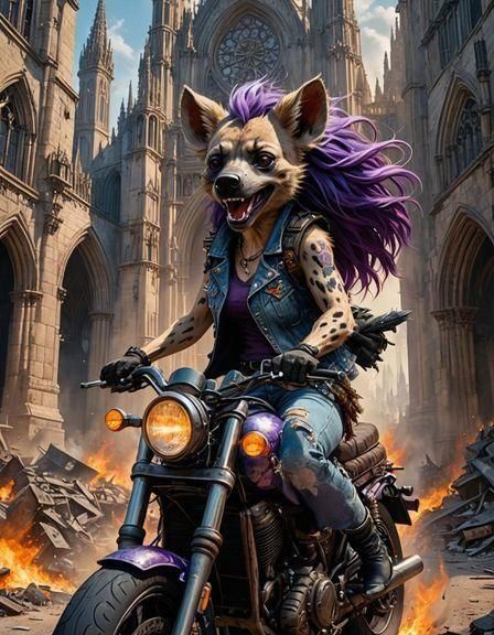 Furry Hyena Rides Motorcycle Through Gothic Ruins