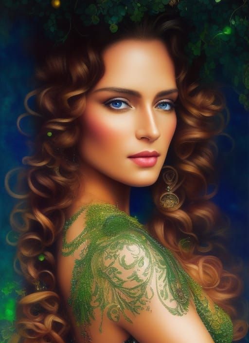 Beautiful Woman with Green Eyes in Alcohol Ink Style