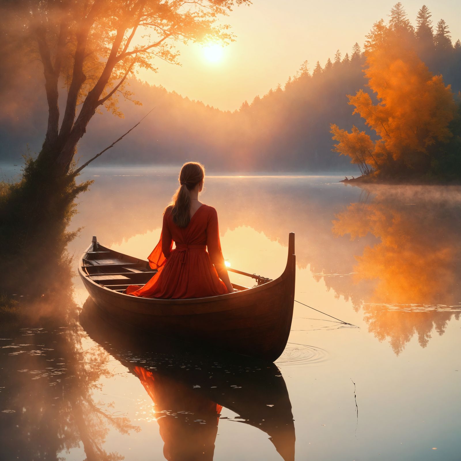 Woman on Boat Watches Sunrise Over Lake