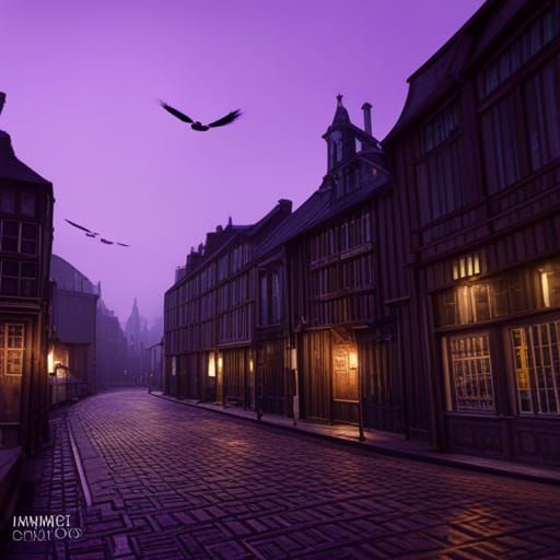 Medieval Amsterdam Street with Crows: Dark Fantasy Art