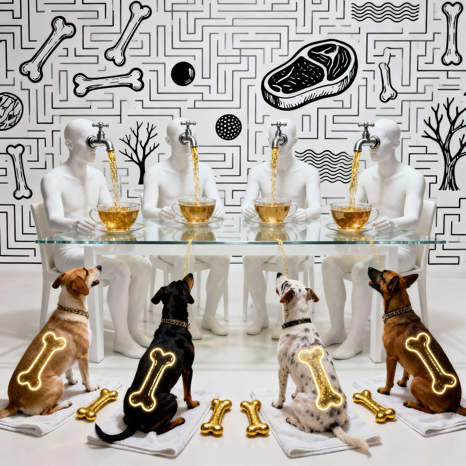 White Figures Pour Gold Liquid At Glass Table with Begging D...