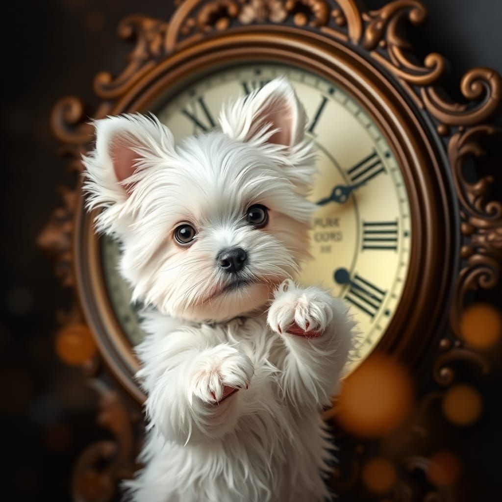 Yorkie Puppy Plays With Clock Hands: Hyperrealistic Portrait