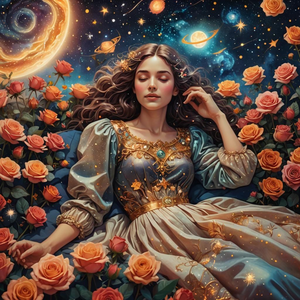 Cosmic Woman on Roses: Astral Illustration
