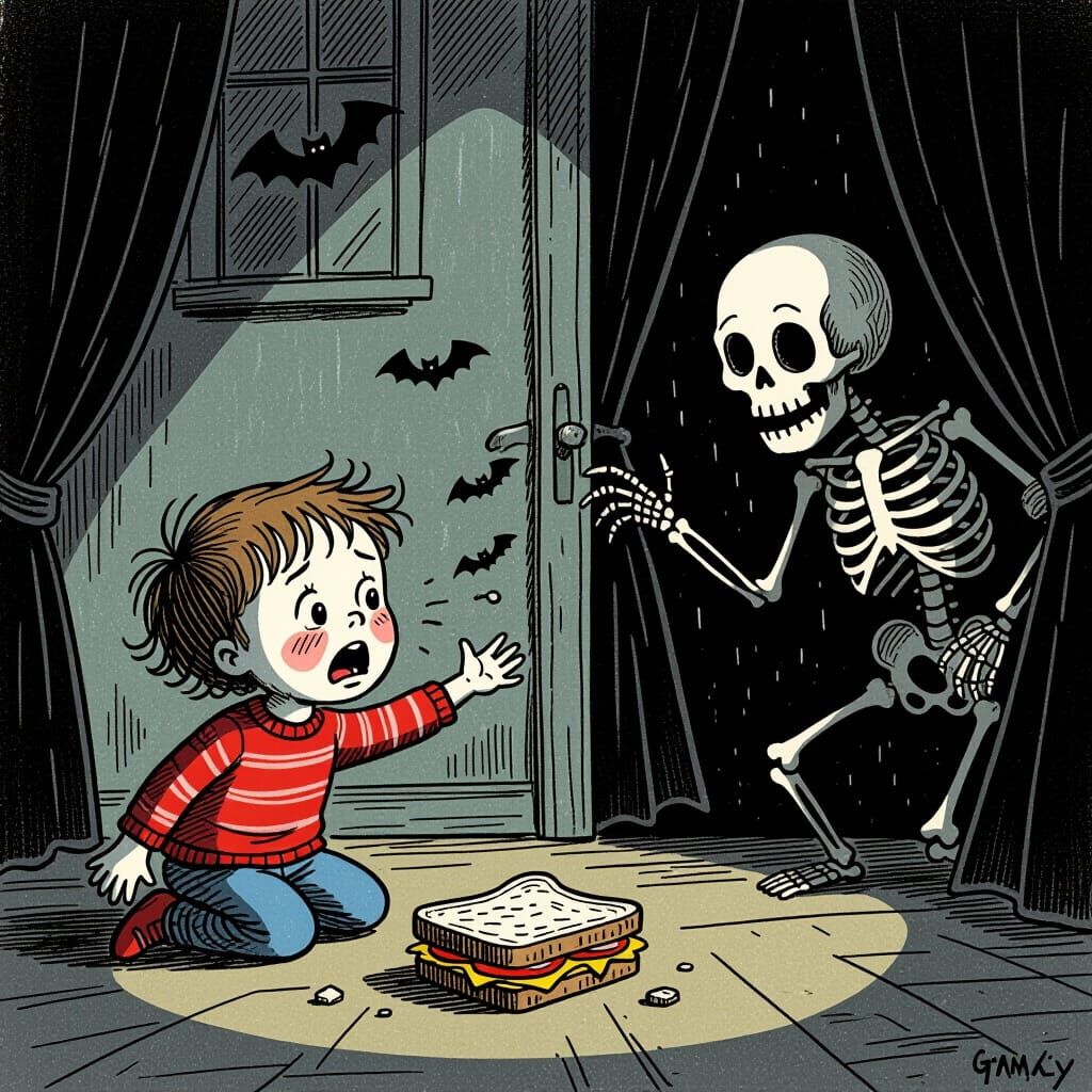 Child's Sandwich Stolen by Skeleton in Whimsical Style