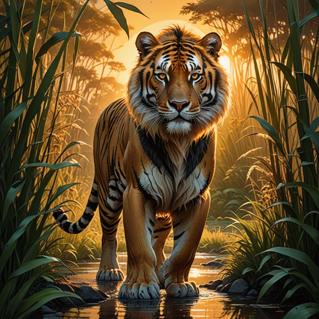 Majestic Liger Prowls Through Sunlit Jungle