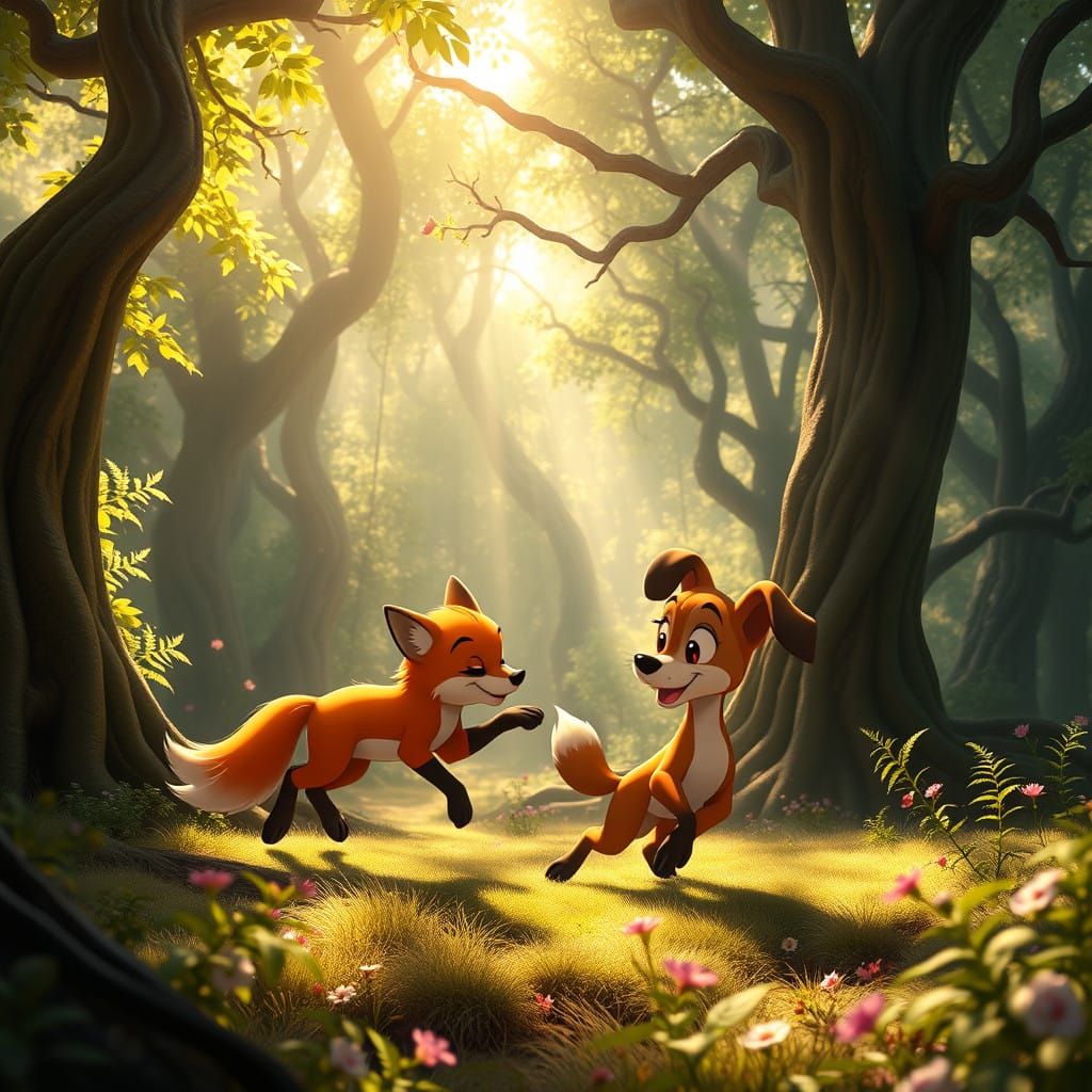 Disney Baby Fox and Hound Play in Magical Enchanted Woods