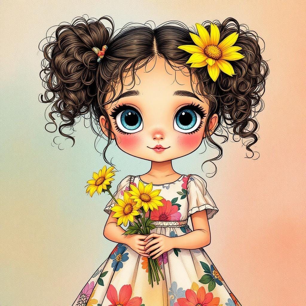Stylized Cartoon of a Girl with Flowers in Bold Style