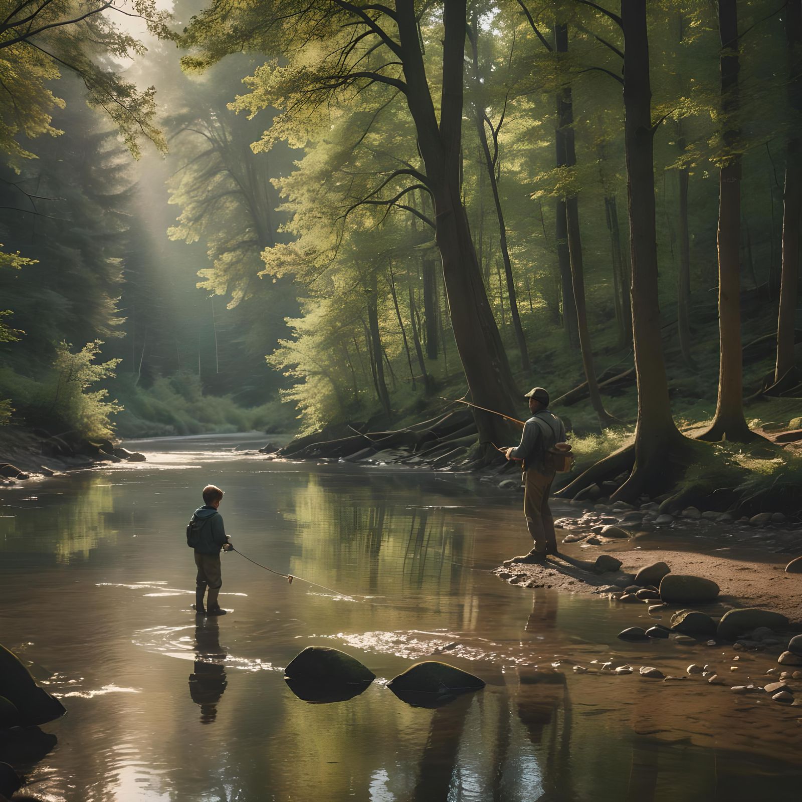 Father and Son Trout Fishing: Cinematic Film Still