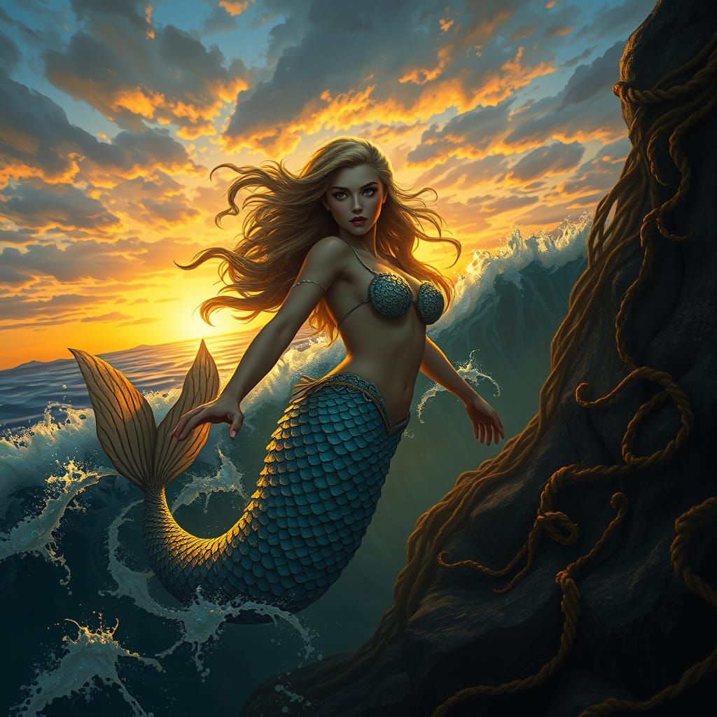 Mermaid Shimmers at Sunset: A Matte Painting