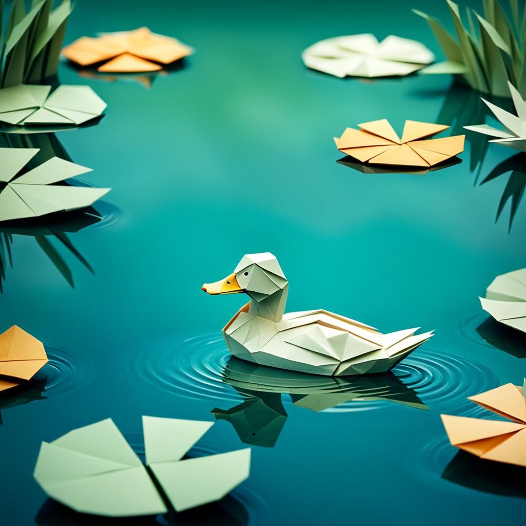 Origami Duck on Pond in Papercraft Style