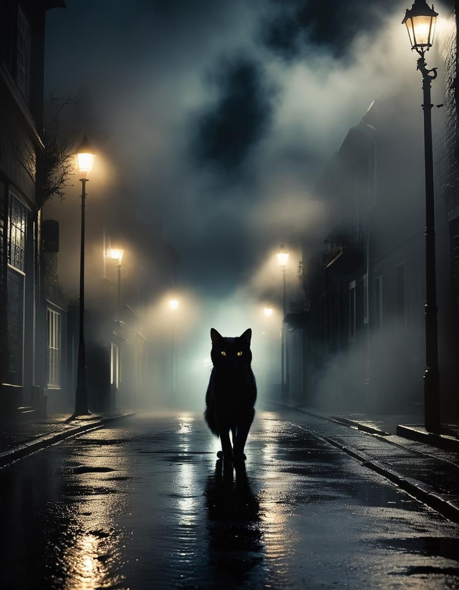 Eerie Film Still: Figure, Cat, and Misty Fate