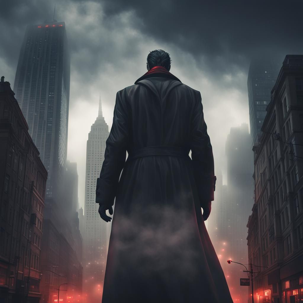Dystopian Propaganda: Shadowy Figure Over Cityscape