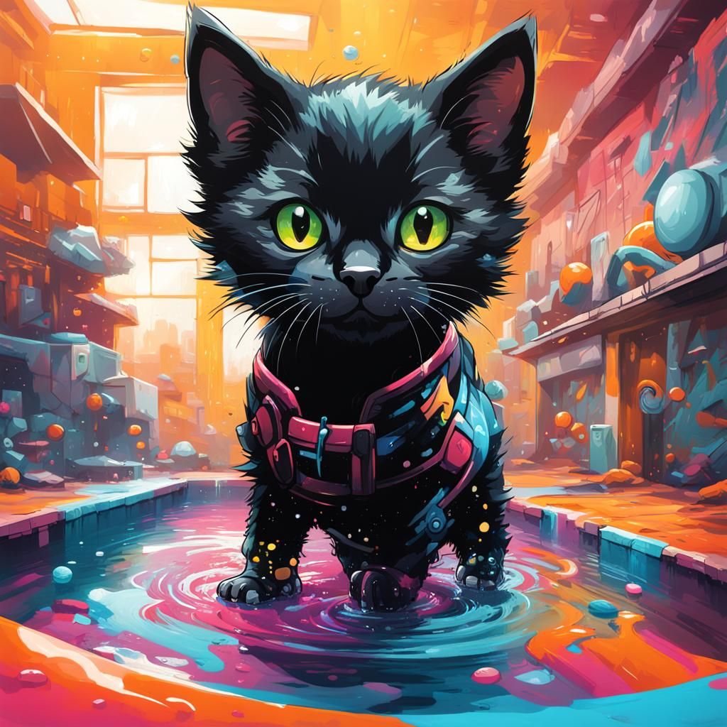 Kitten in Futuristic Pool, Graffiti Art Style