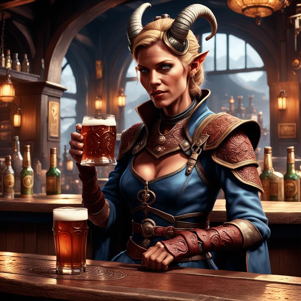 Tiefling Woman in Tavern: Detailed Matte Painting