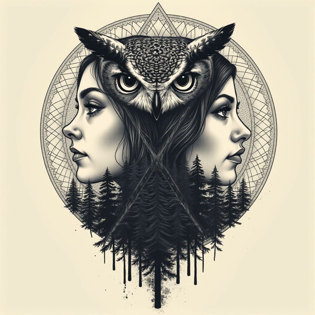 Bald Eagle Owl Tattoo Illustration with Forest and Geometric...