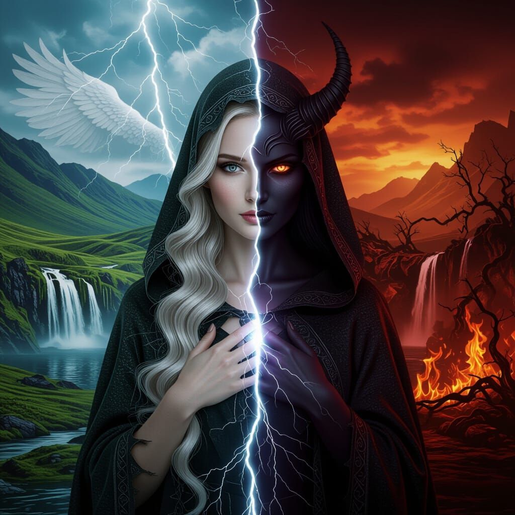 Angelic Demon Woman in Surreal Landscape