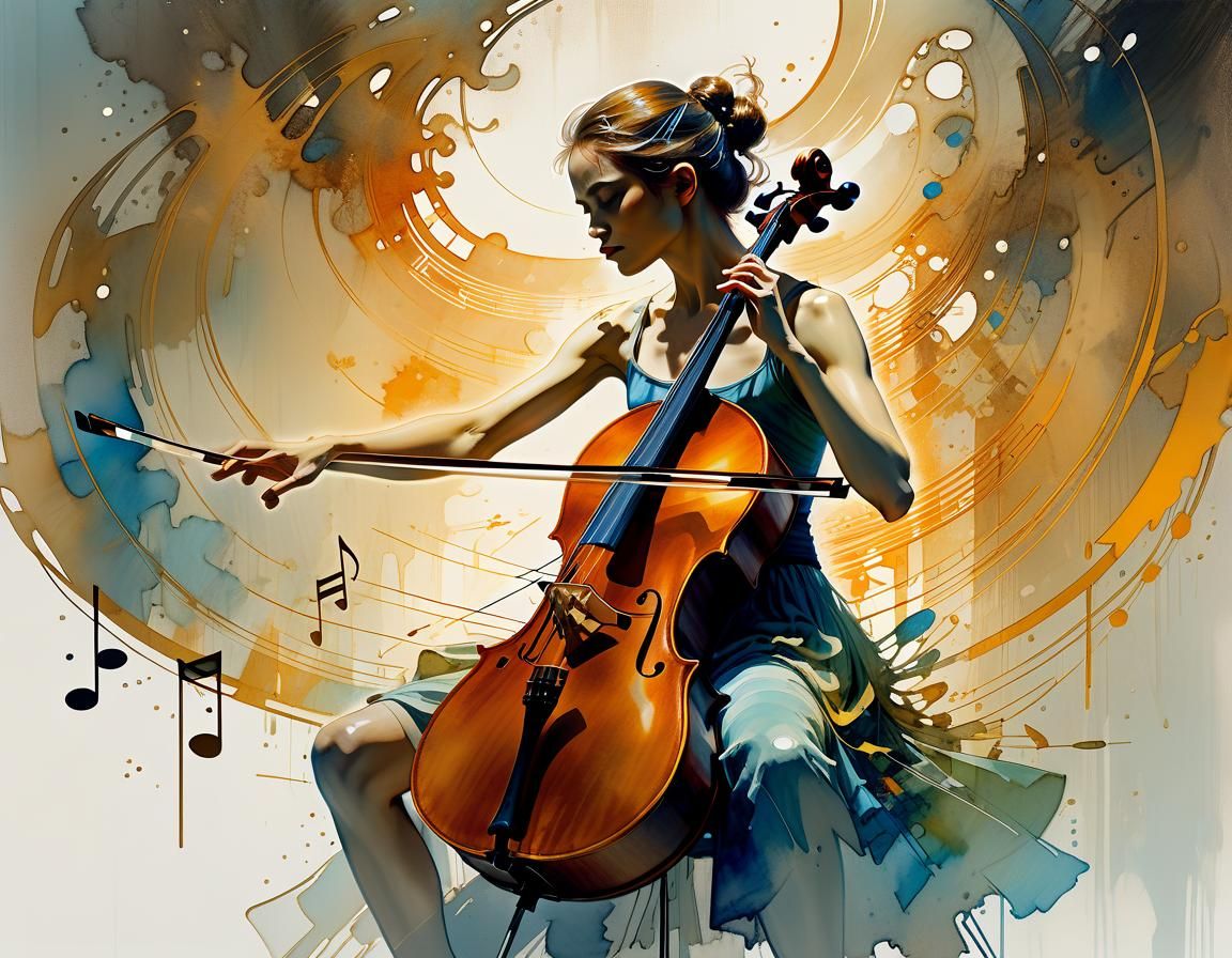 Sunshine Cellist: Stylized Watercolor Masterpiece