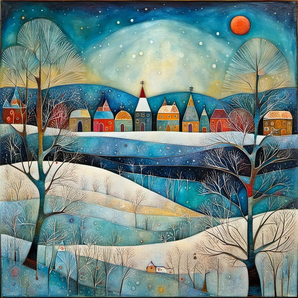 Encaustic Winter Dreamland Inspired by Klee