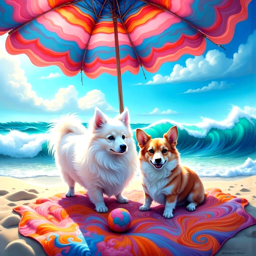 Fluffy Japanese Spitz and Corgi Play Ball on Vibrant Beach T...