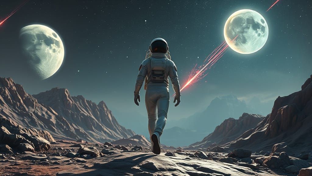 Astronaut on Alien Planet with Twin Moons