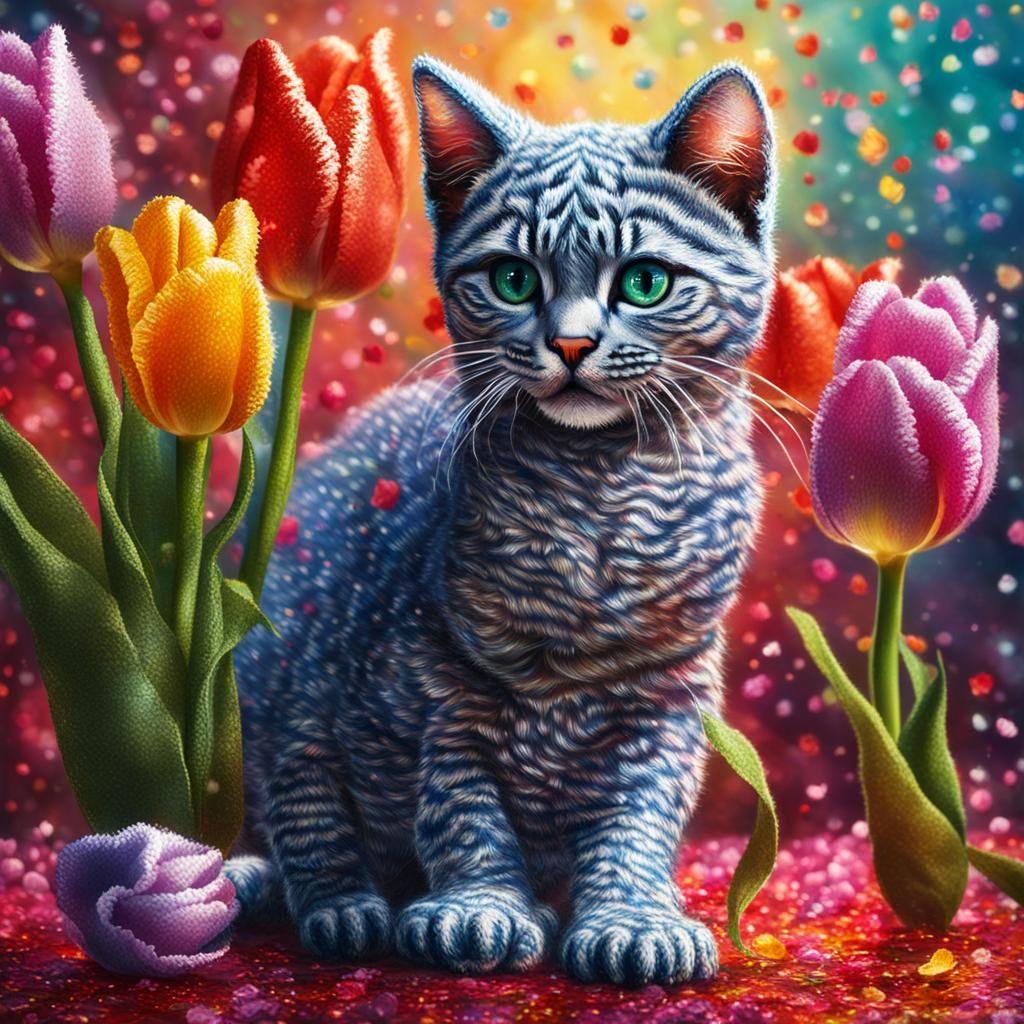 Hyperrealistic Crocheted Kitten and Tulips Splash Art