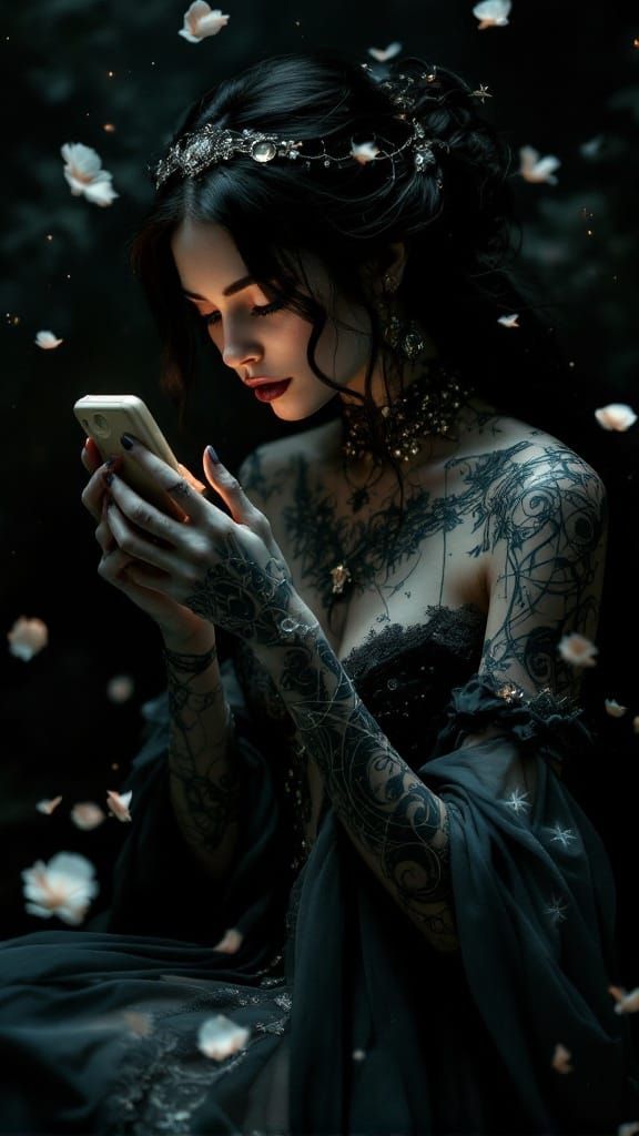 Ethereal Muse in Victorian Gown Adorned with Celestial Tatto...